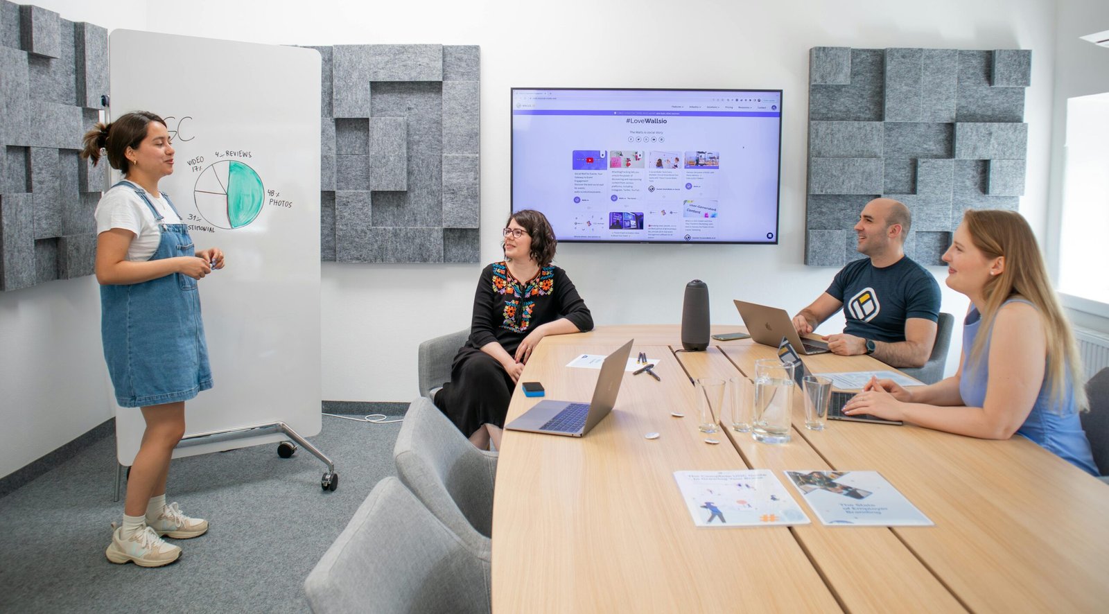Team collaborating during a meeting with presentation and discussion in a modern office.